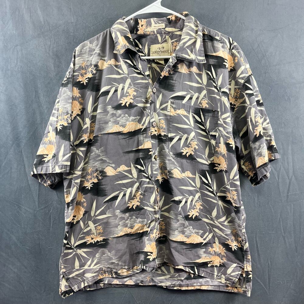 Sunset Breeze Hawaiian Large Shirt Volcanoes Plants Mountains Ocean Palm Trees